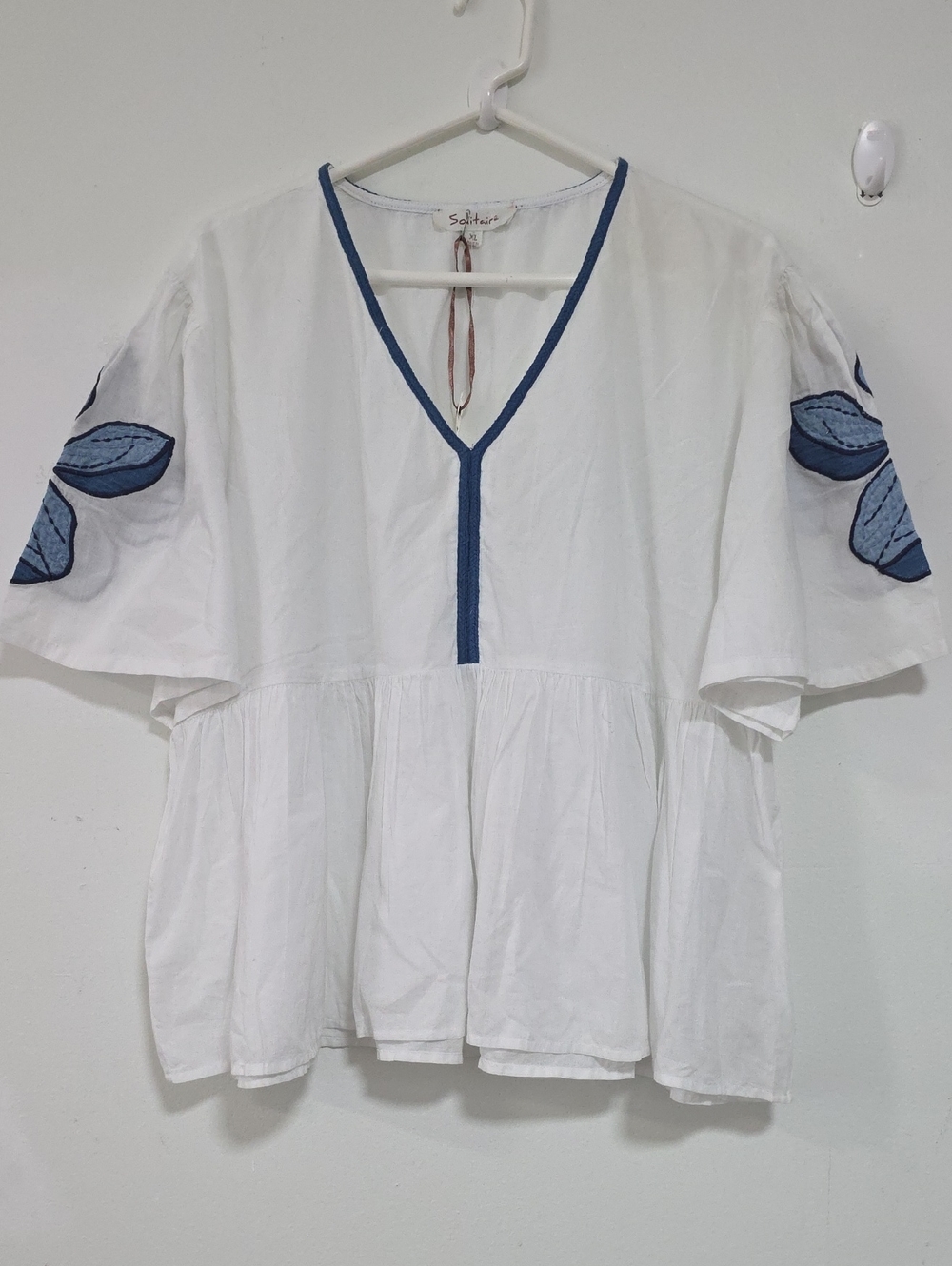 Solitaire White Peasant Tunic with Blue Trim and Embroidered Sleeves